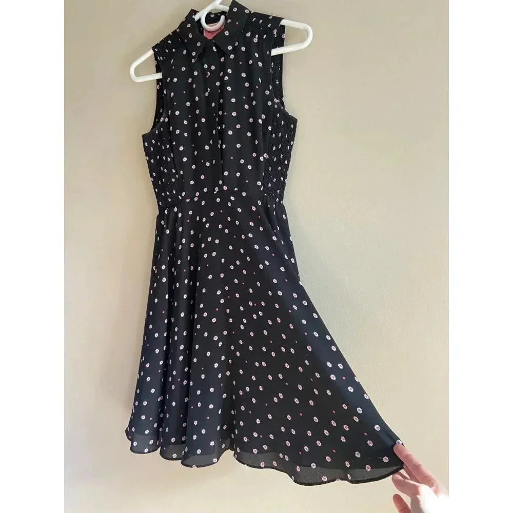 Kate Spade New York Daisy Dot Shirt Dress Size 0 Black Pink Polka Dot Florals